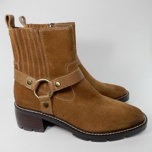 Donald Pliner Mai Moto Boots Size 8 Brown Suede Leather Saddle Harness NEW - Picture 3 of 14